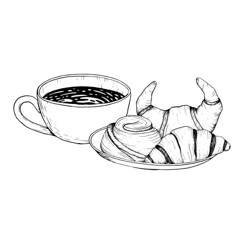 Vector coffee mug with pastry plate with chocolate French croissants and rolled cinnamon bun black and white graphic illustration for snack and breakfast in cafe