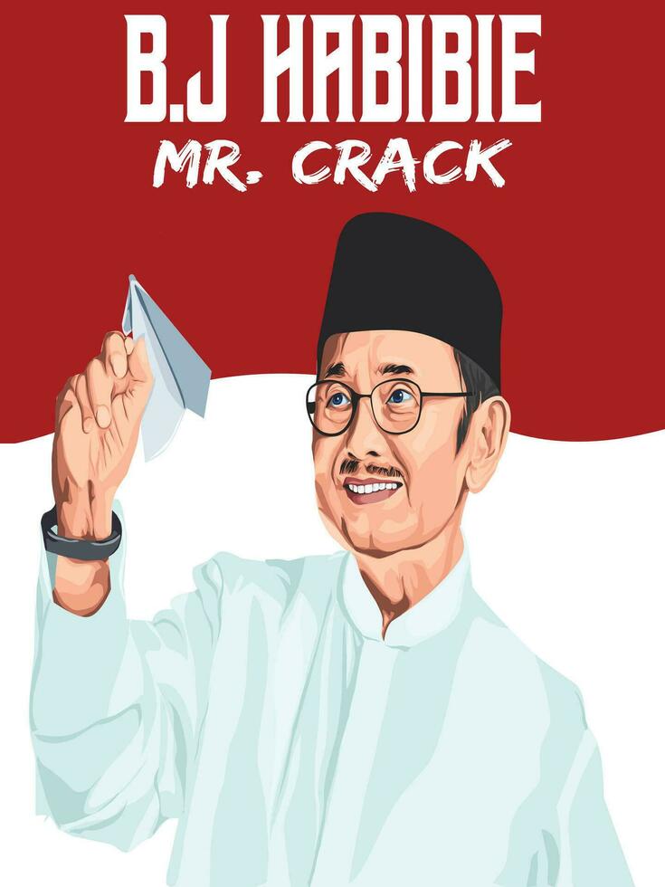 Illustration of BJ Habibie wearing white shirt and skullcap while holding a paper airplane vector