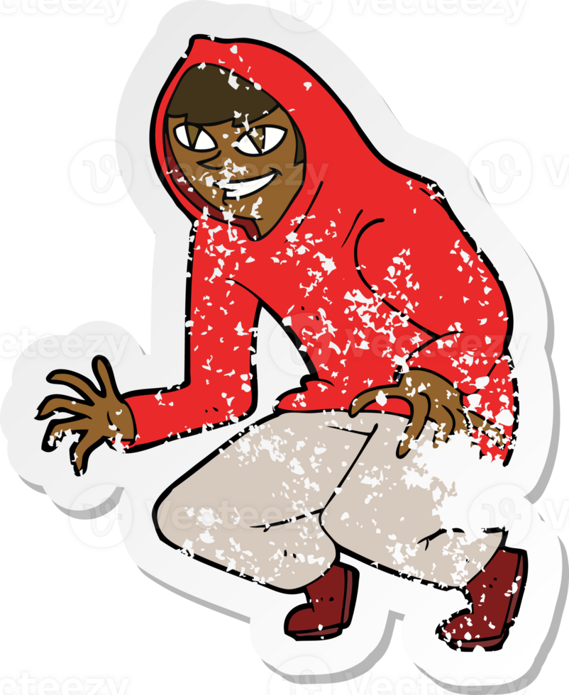 retro distressed sticker of a cartoon mischievous boy in hooded top png