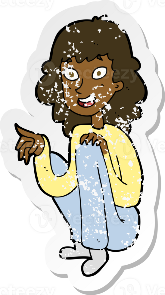retro distressed sticker of a cartoon happy woman sitting and pointing png