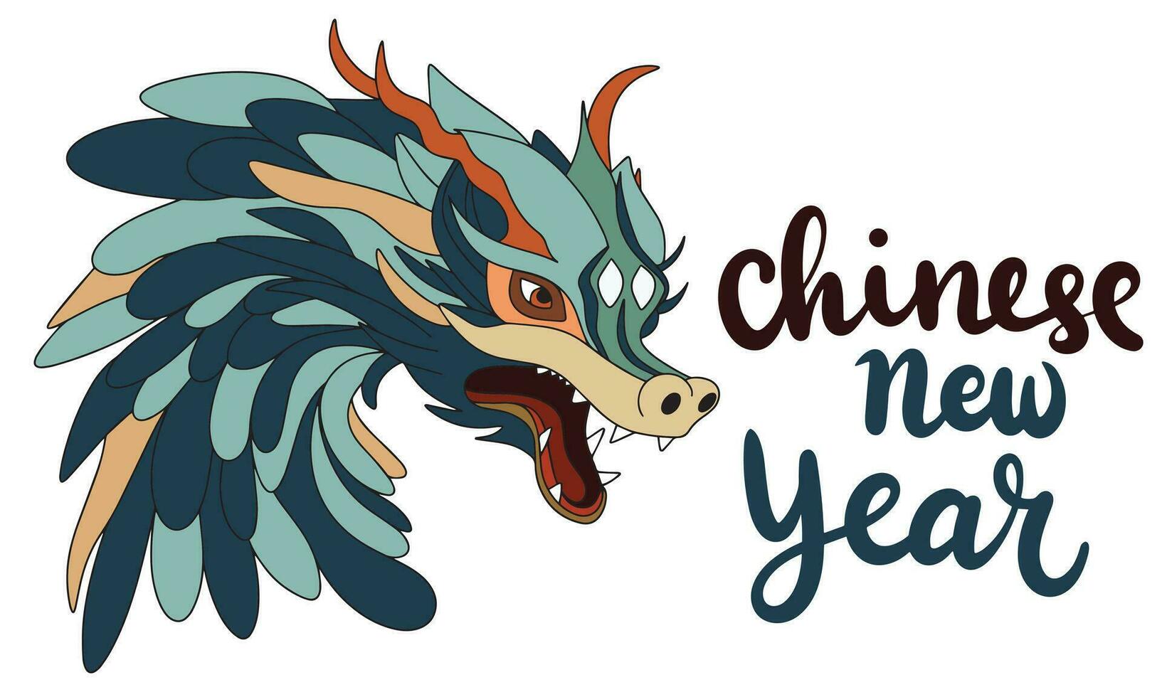 Chinese New Year text banner with dragon. Handwriting text Chinese New Year and dragon. Hand drawn vector art.