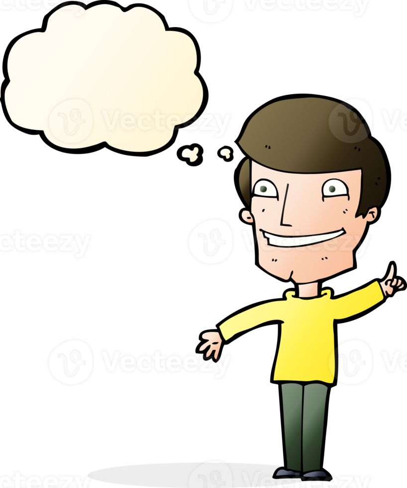 cartoon grinning man with idea with thought bubble png