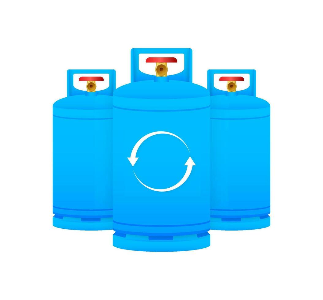 Refillable Gas Tank Vector Illustration, Blue Propane Container Set with Recycle Arrows, Sustainable Energy Concept