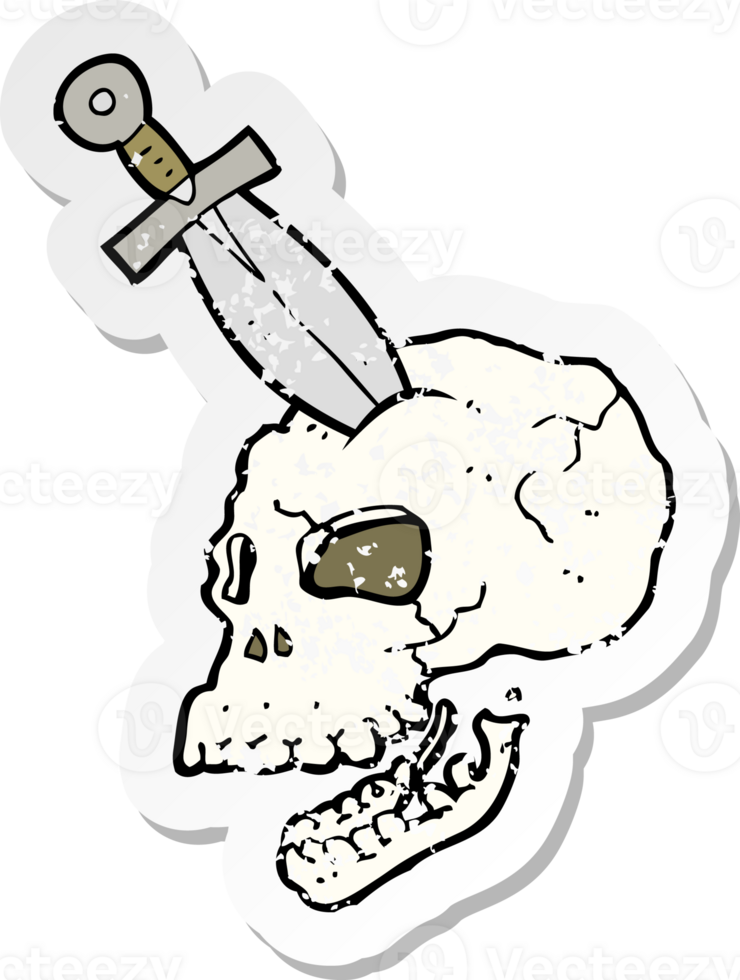 retro distressed sticker of a cartoon dagger stuck in skull png