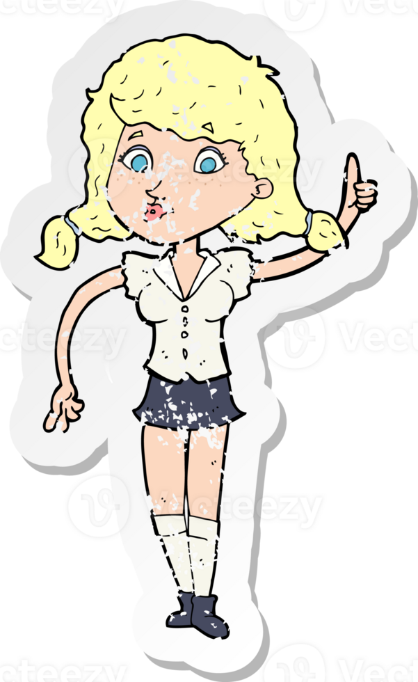 retro distressed sticker of a cartoon pretty woman with idea png