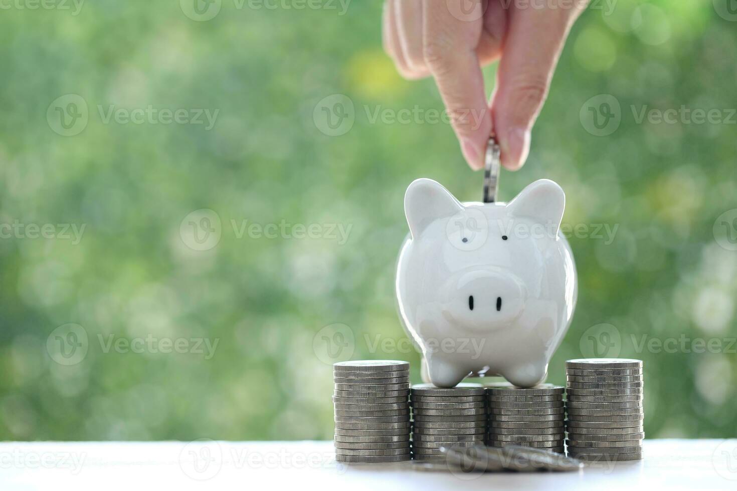 Stack of coins money and piggy bank on natural green background, Business investment and Real estate concept photo