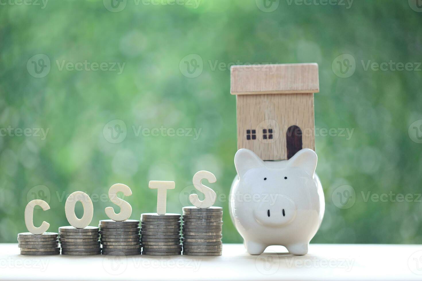 Finance, Model house with piggy bank and stack of coins money on natural green background,Business investment and real estate concept photo
