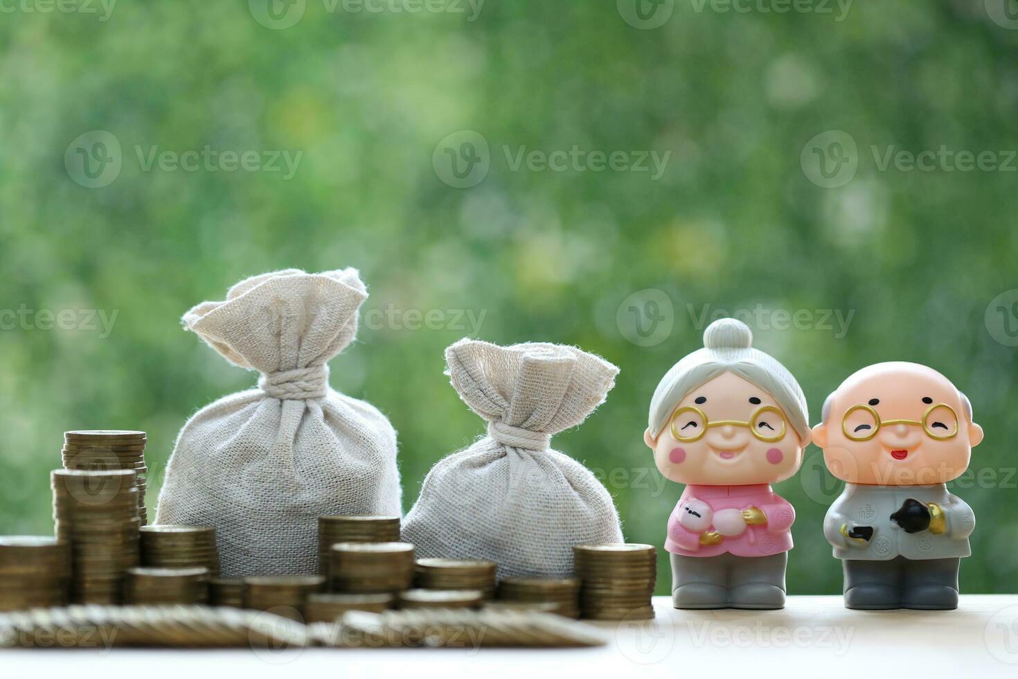 Mutual fund,Love couple senior and gold coin money in the bag on natural green background, Save money for prepare in future and pension retirement concept photo