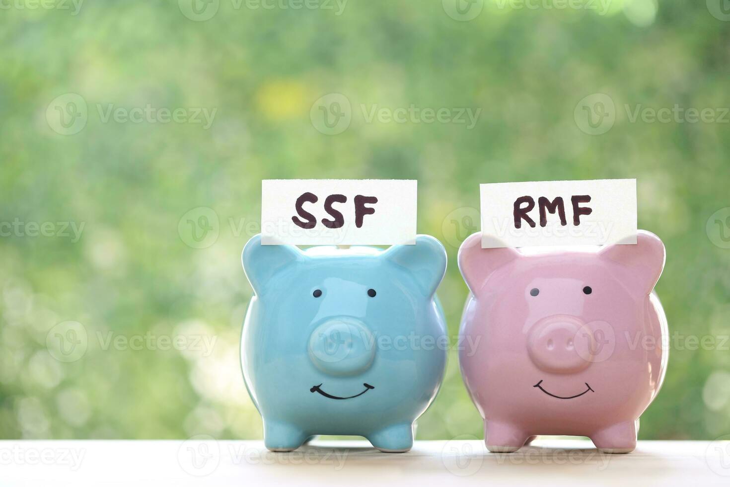 Finance, Piggy bankon natural green background, investment and business concept photo