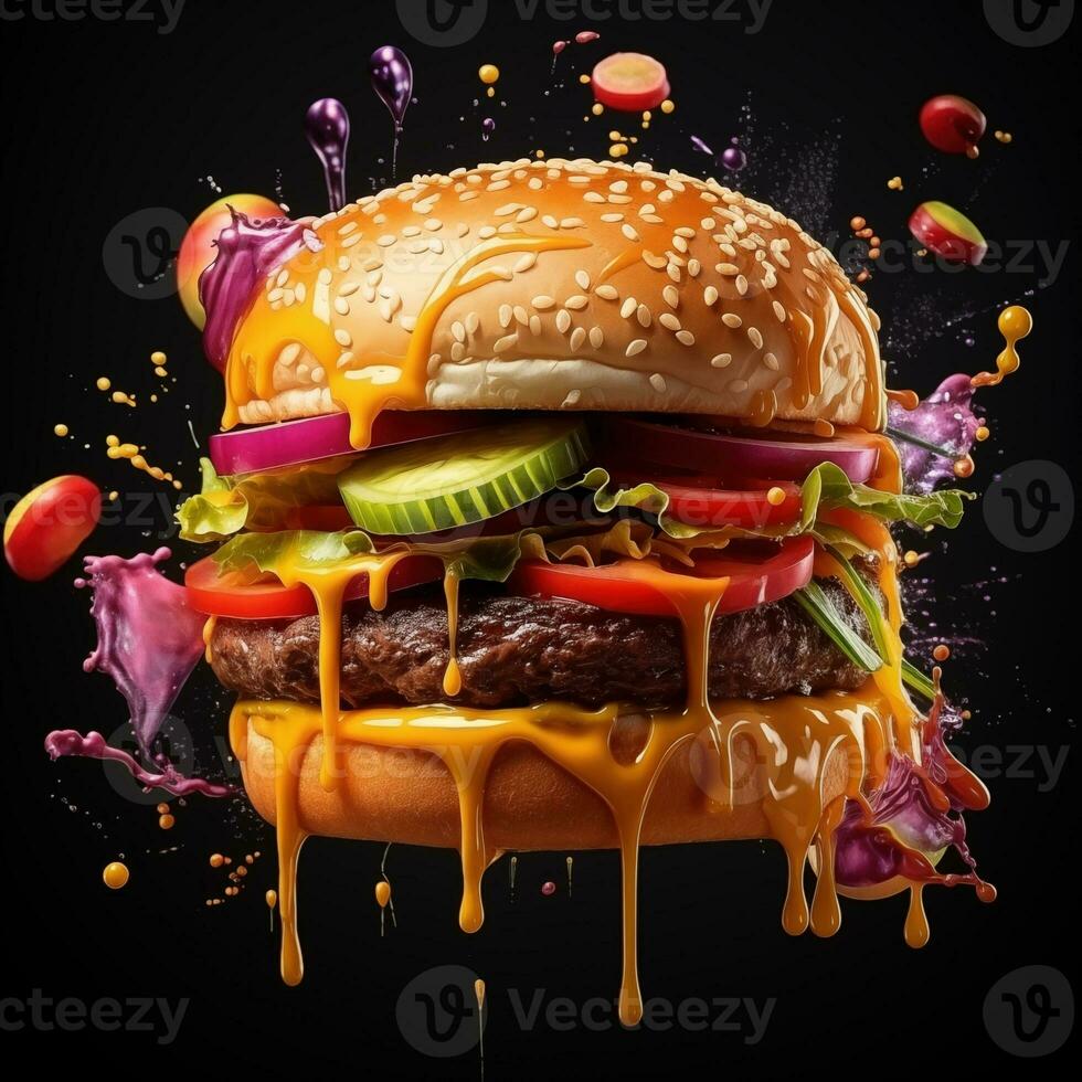 AI generated DELICIOUS CHEESEBURGER WITH FRESH INGREDIENTS photo