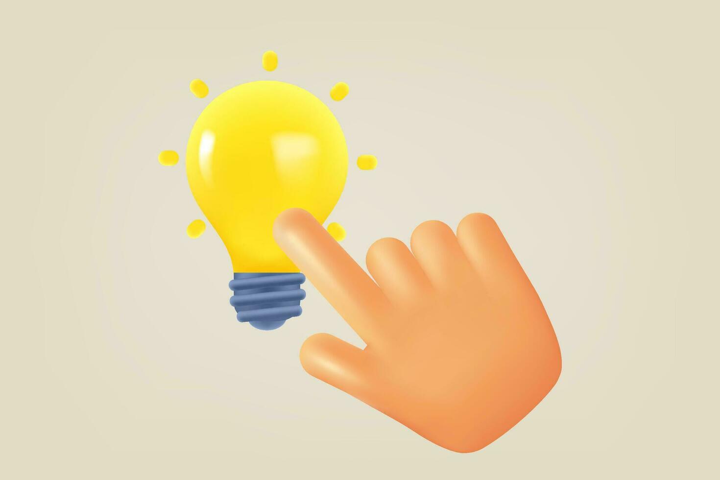 Comic hand touching lightbulb. Inspiration concept. 3d vector illustration