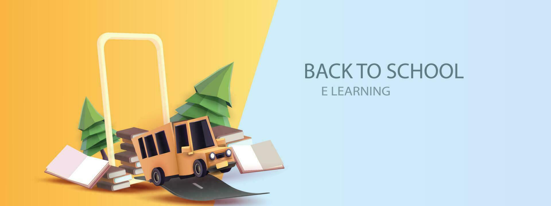 back to school colorful with school bus yellow and book elearning vector illustation