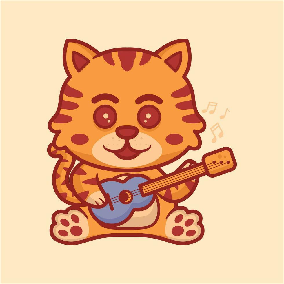 Cute cat animals playing guitar cartoon illustration vector