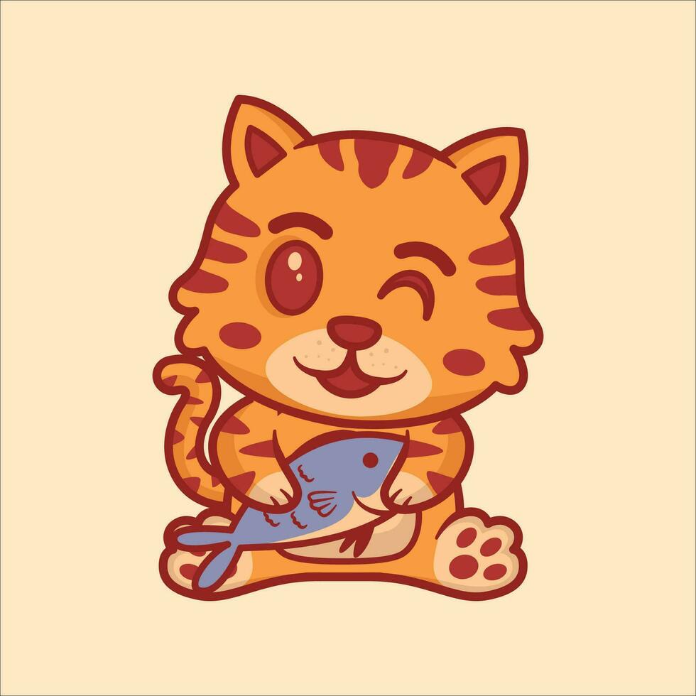 Cute cat animals holding a fish cartoon illustration vector