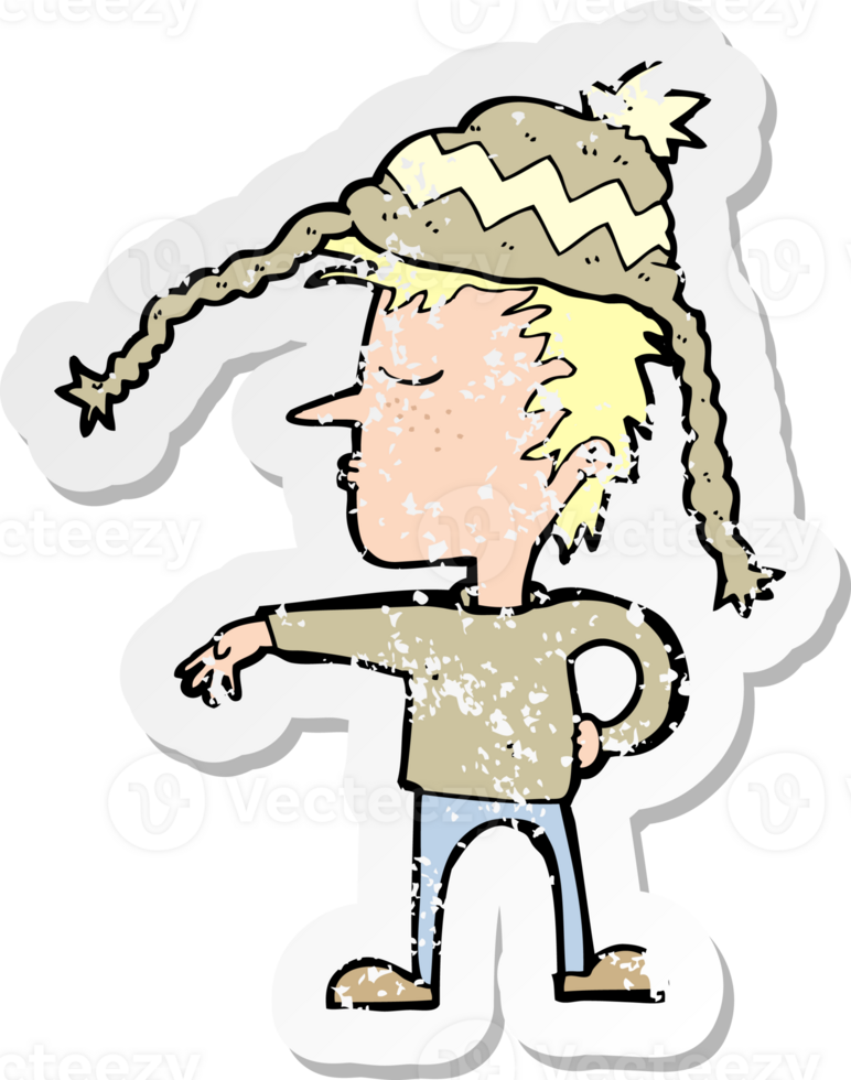 retro distressed sticker of a cartoon man wearing winter hat png