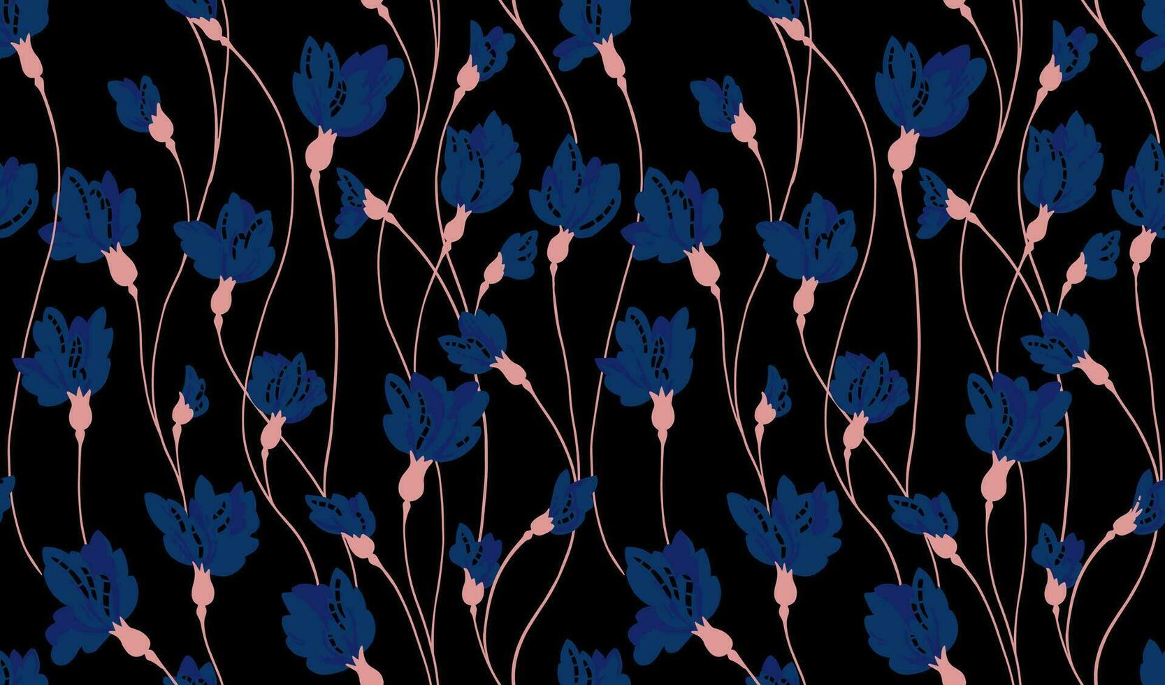 Seamless simple, abstract branches floral pattern. Vector hand drawn sketch. Creative ditsy flowers on a dark background. Design for fashion, textile, fabric, wallpaper, surface design