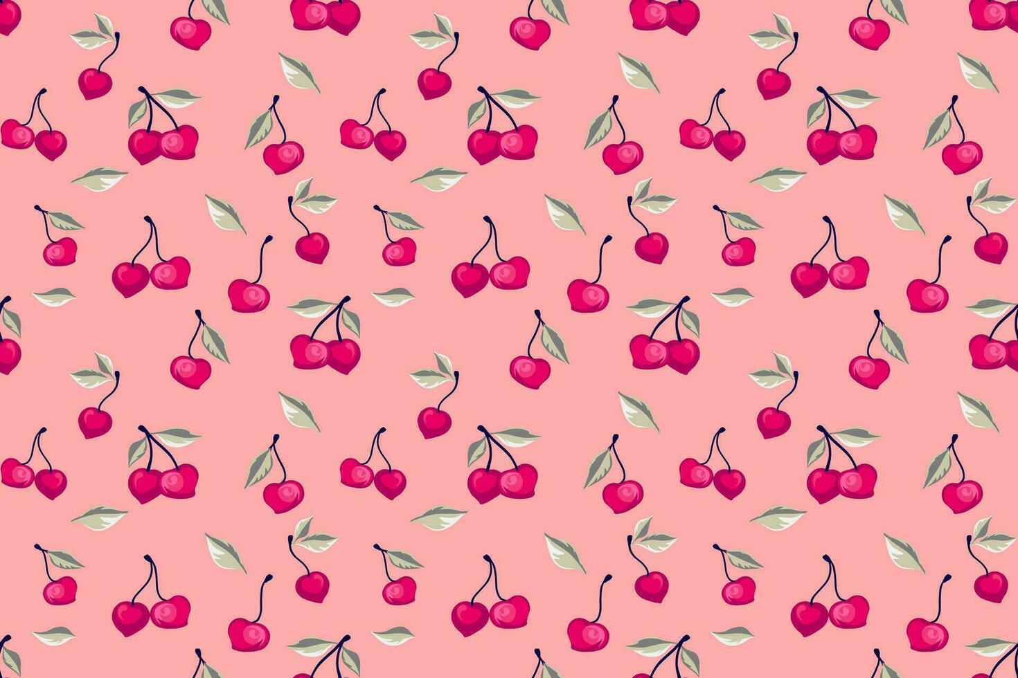 Seamless abstract cute cherry pattern. Summer berries, fruits, leaves, background print. Vector hand drawn fruits illustration. Template for design, fabric, fashion, wallpaper, textile