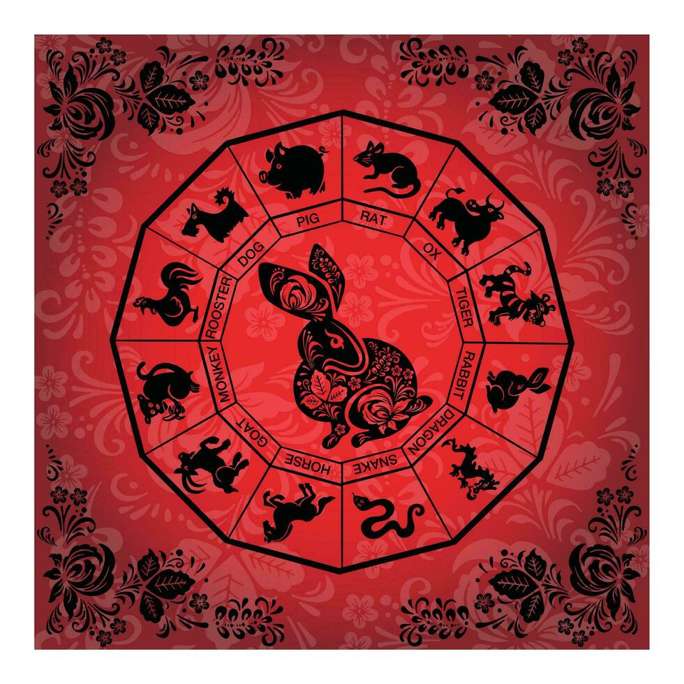 Black ethnic boho rabbit on red banner background vector