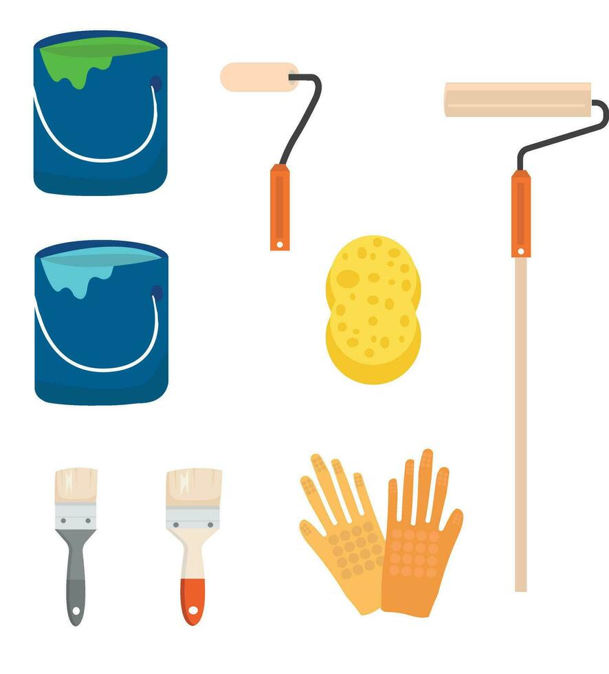 Painting, whitewashing tools. Painting, whitewashing item vector set illustration