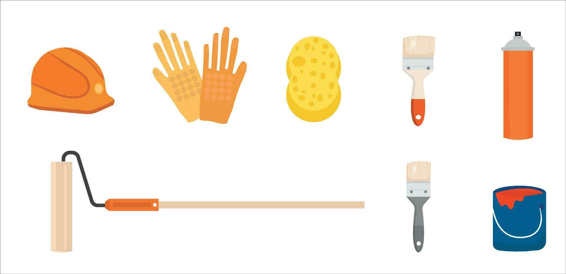 Painting, whitewashing tools. Painting, whitewashing item vector set illustration