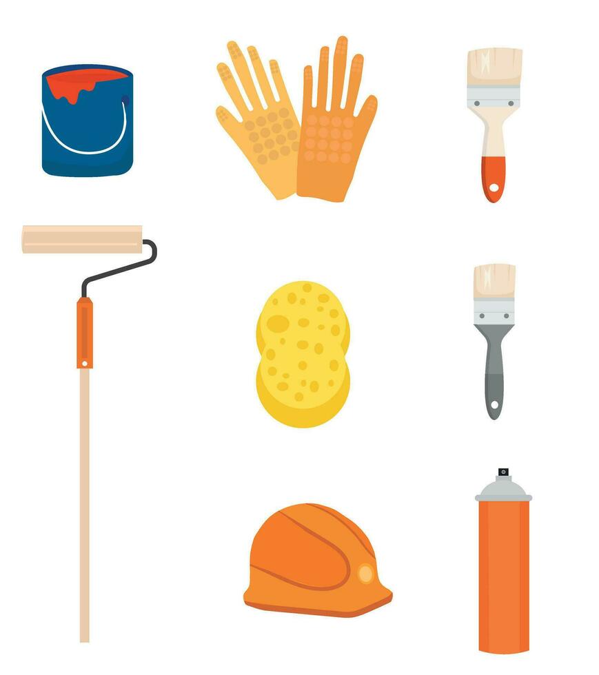 Painting, whitewashing tools. Painting, whitewashing item vector set illustration