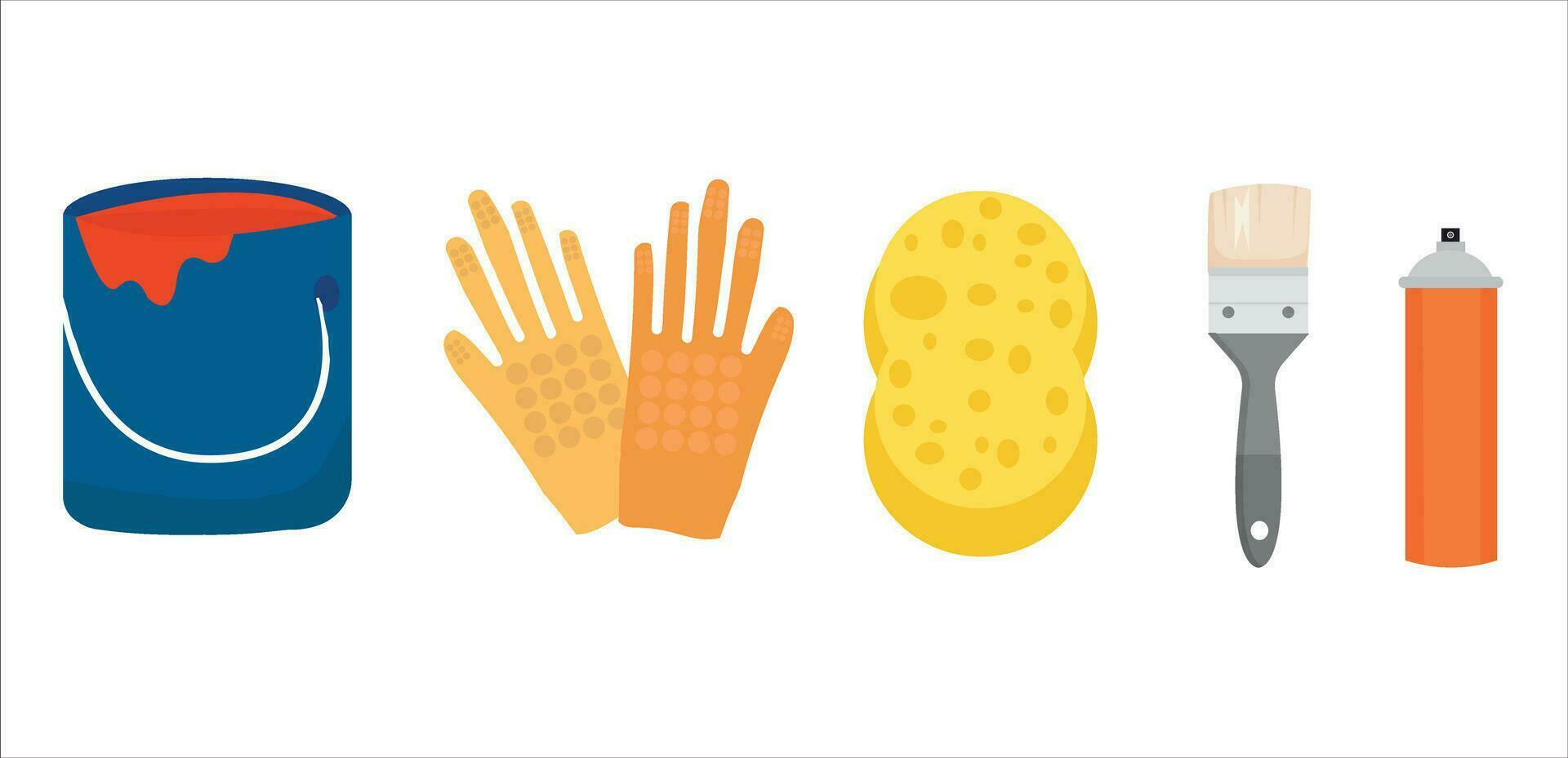 Painting, whitewashing tools. Painting, whitewashing item vector set illustration
