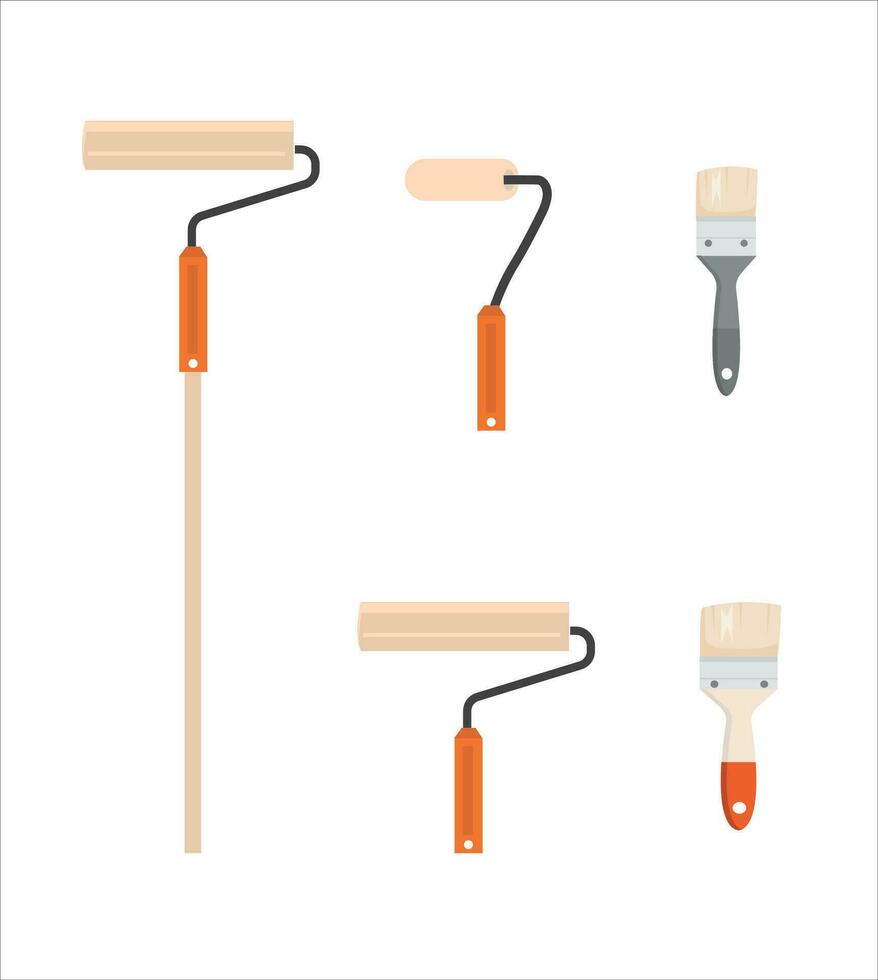 Painting, whitewashing tools. Painting, whitewashing item vector set illustration