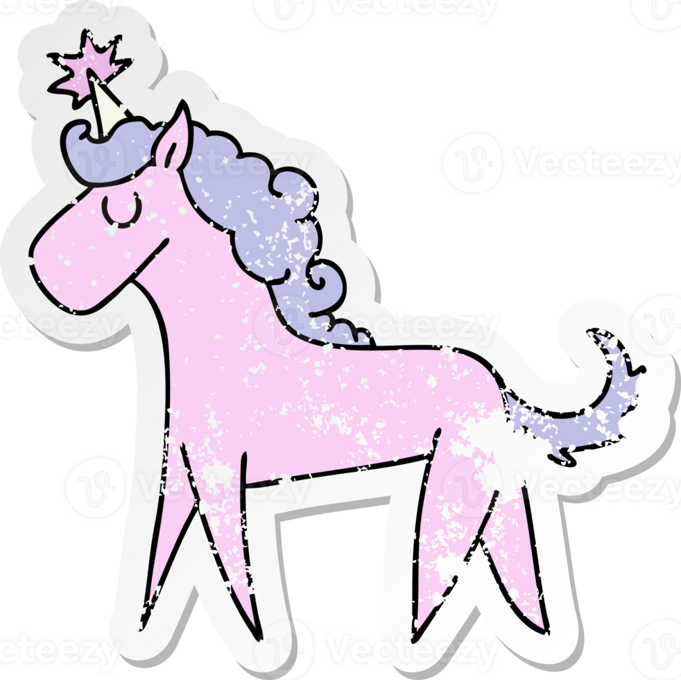 distressed sticker of a quirky hand drawn cartoon unicorn png