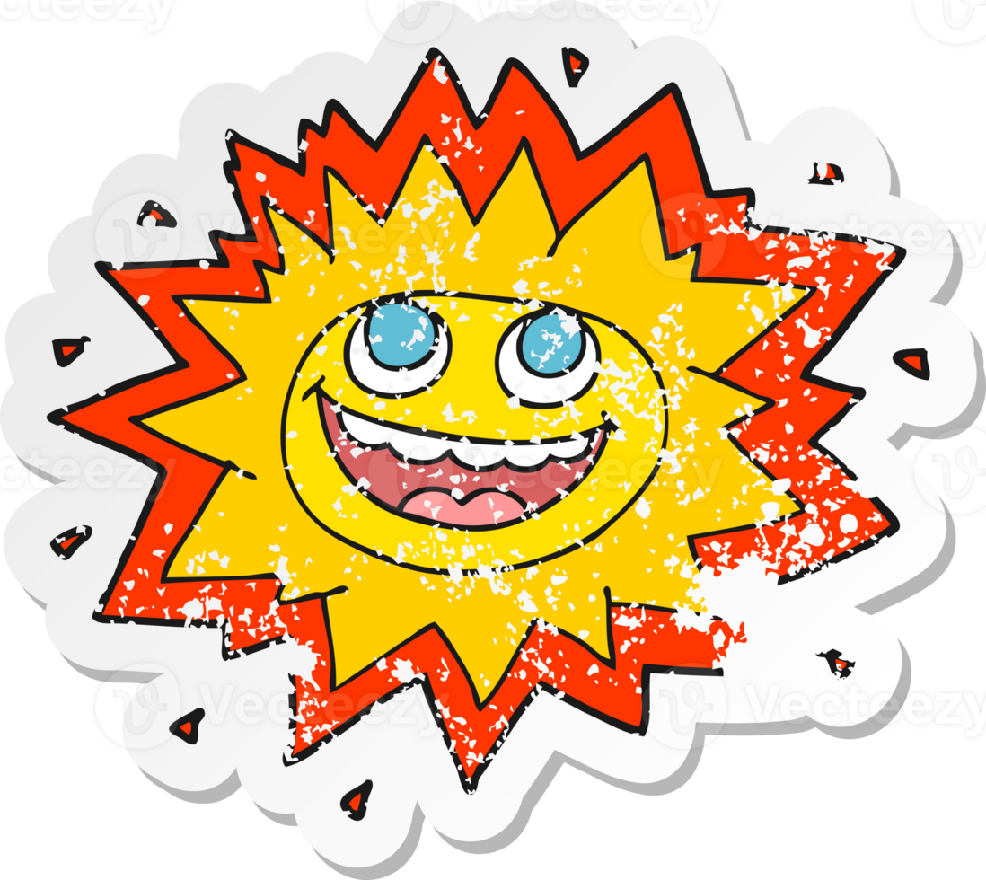 retro distressed sticker of a happy cartoon sun png