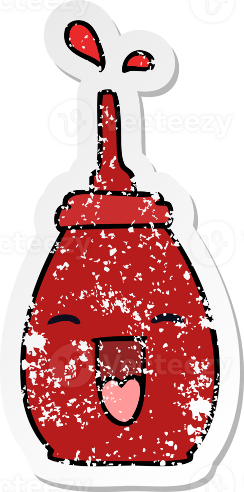 distressed sticker of a quirky hand drawn cartoon happy red sauce png