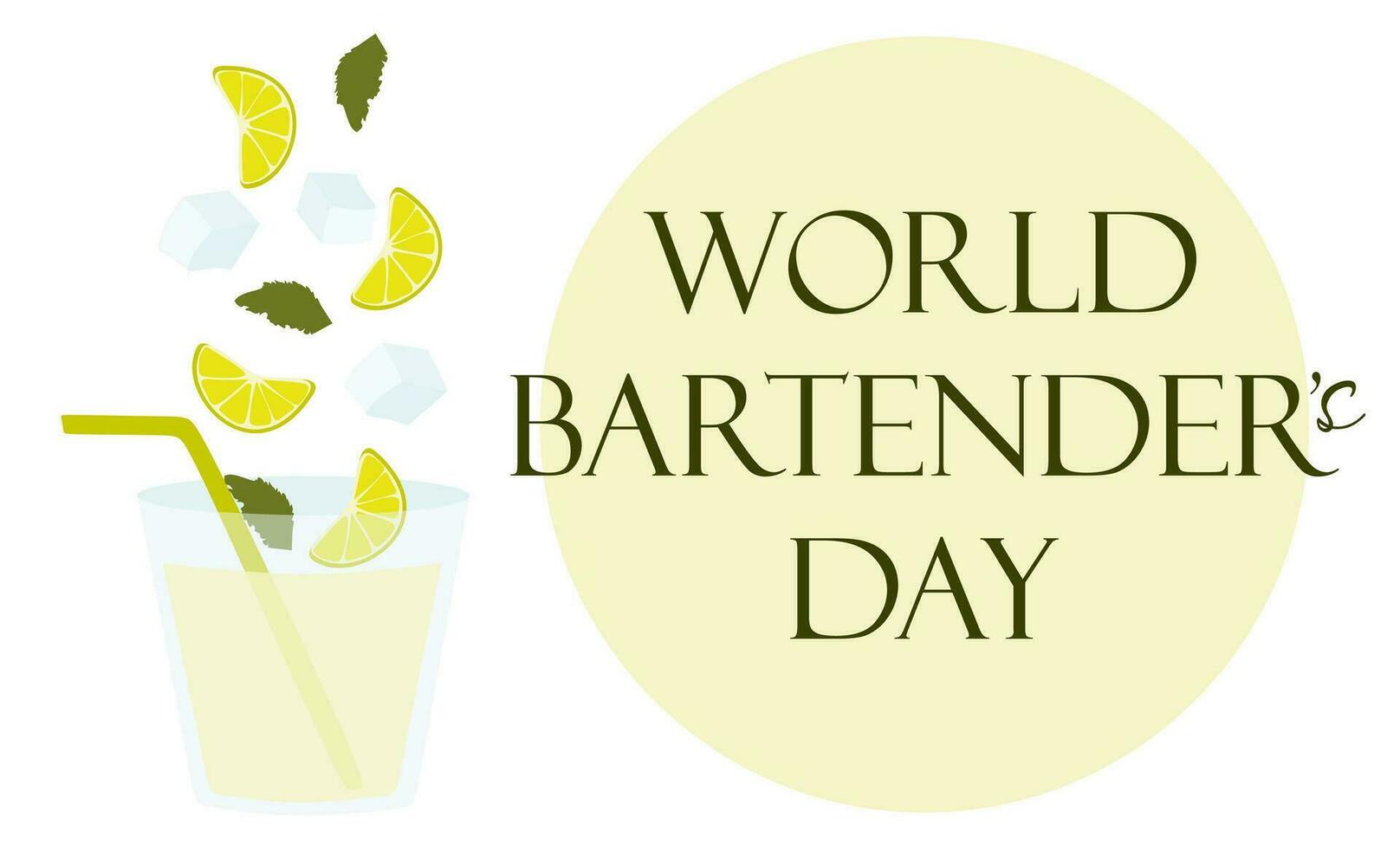 International Bartenders Day banner. 6 February. Template for background, card, poster. Vector Flat illustration. Alcohol cocktail with lime slice, Ice cubes and Drinking straw. World professional day