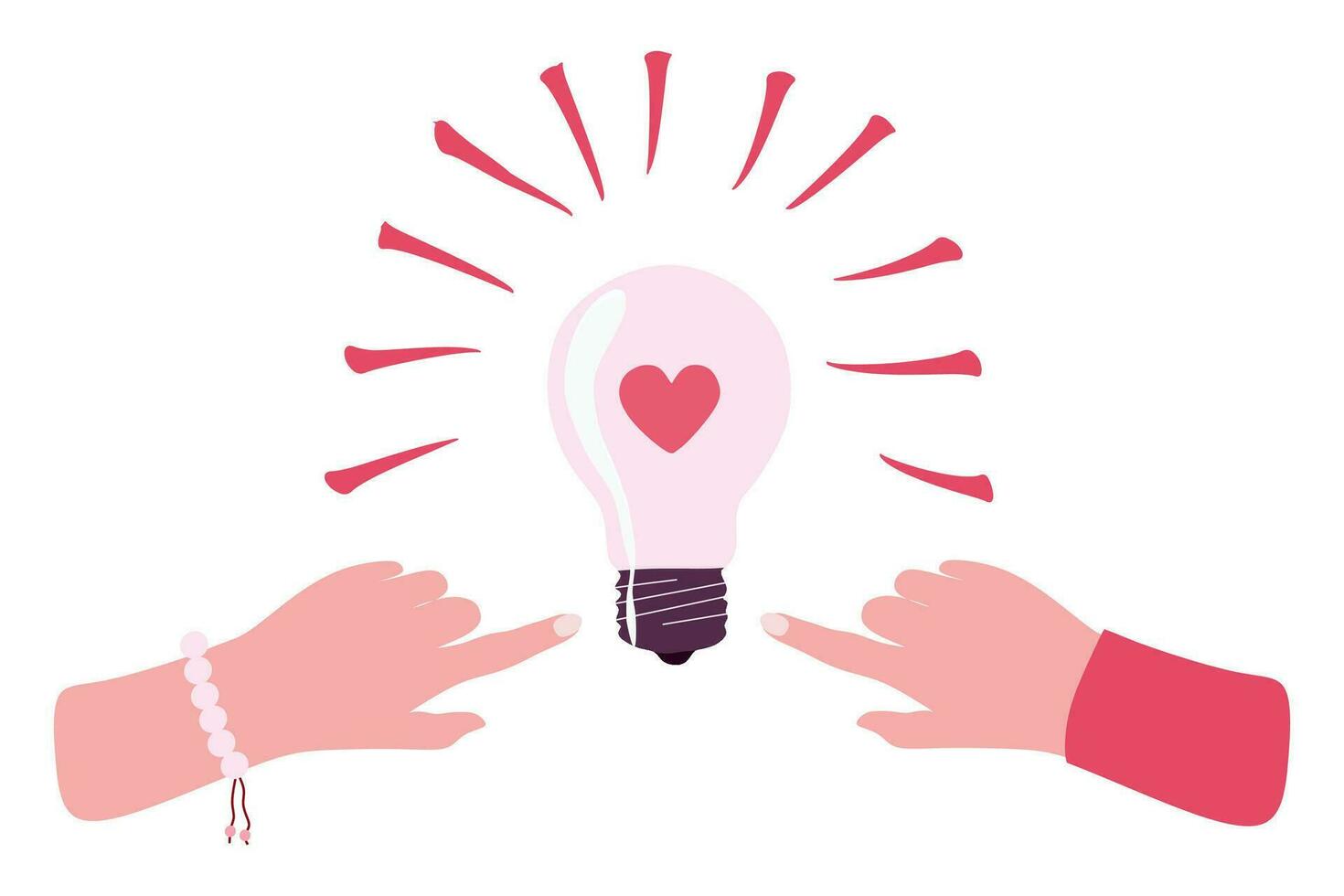 Sharing Love, Ideas and knowledge with others. Human hands Turning on light bulb with heart inside. Person passes to friend or colleague Warm emotions. Vector Valentines day isolated illustration.