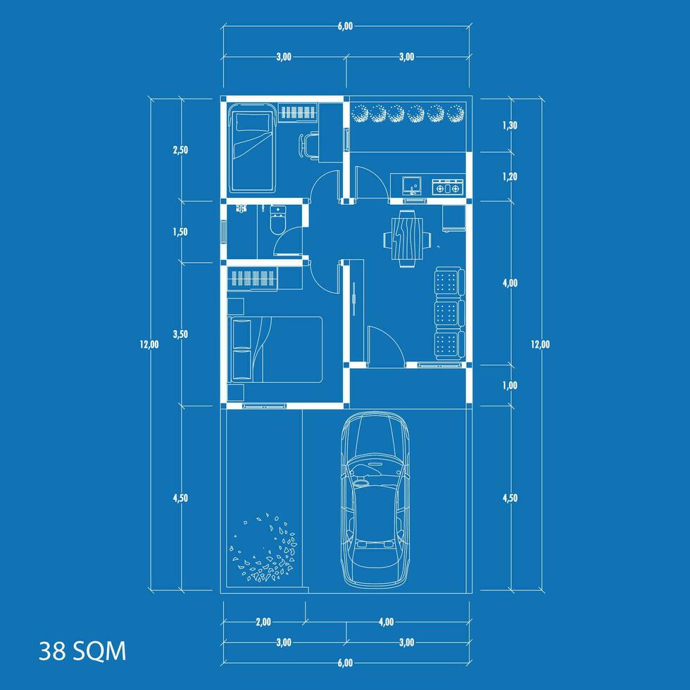 Floor plan blueprint type 38 sqm, Figure of the jotting sketch of the construction and the industrial skeleton of the structure and dimensions. vector eps 10