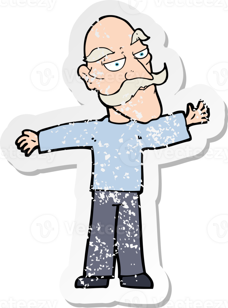 retro distressed sticker of a cartoon old man spreading arms wide png