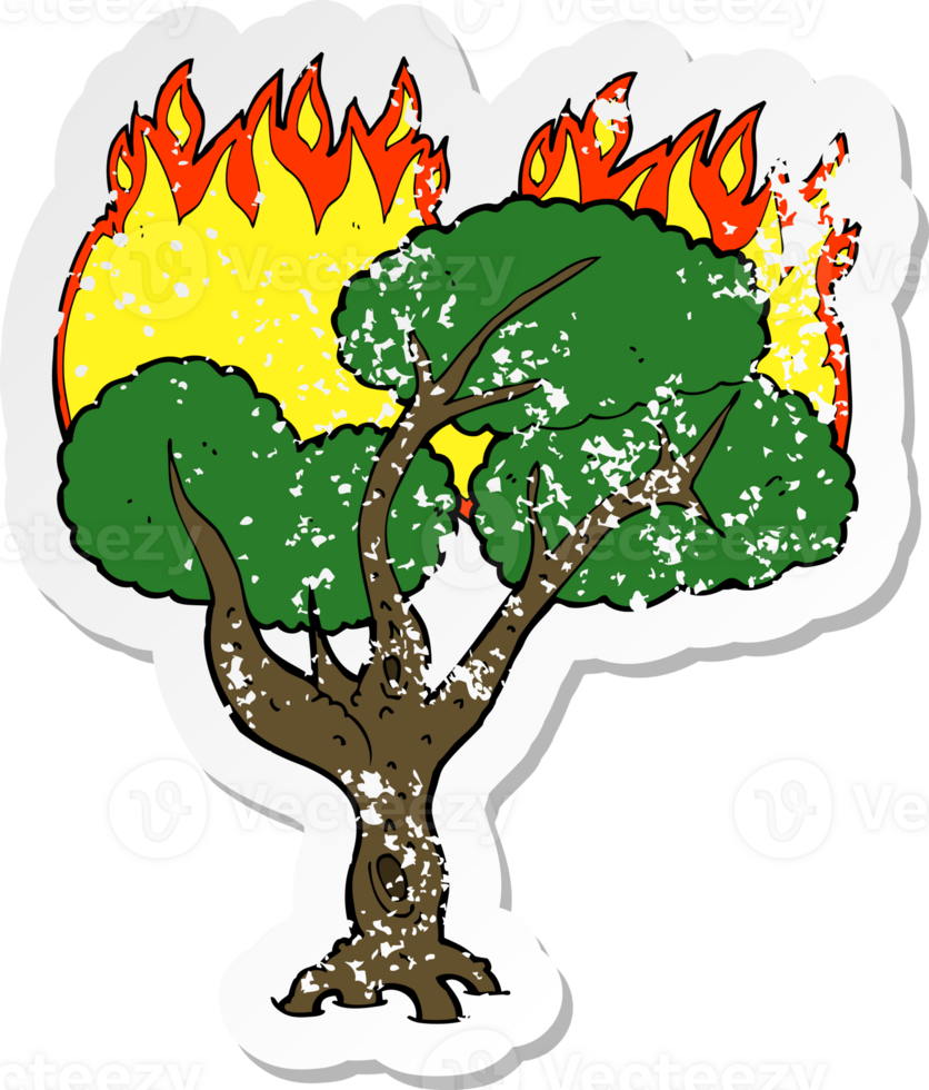 retro distressed sticker of a cartoon burning tree png
