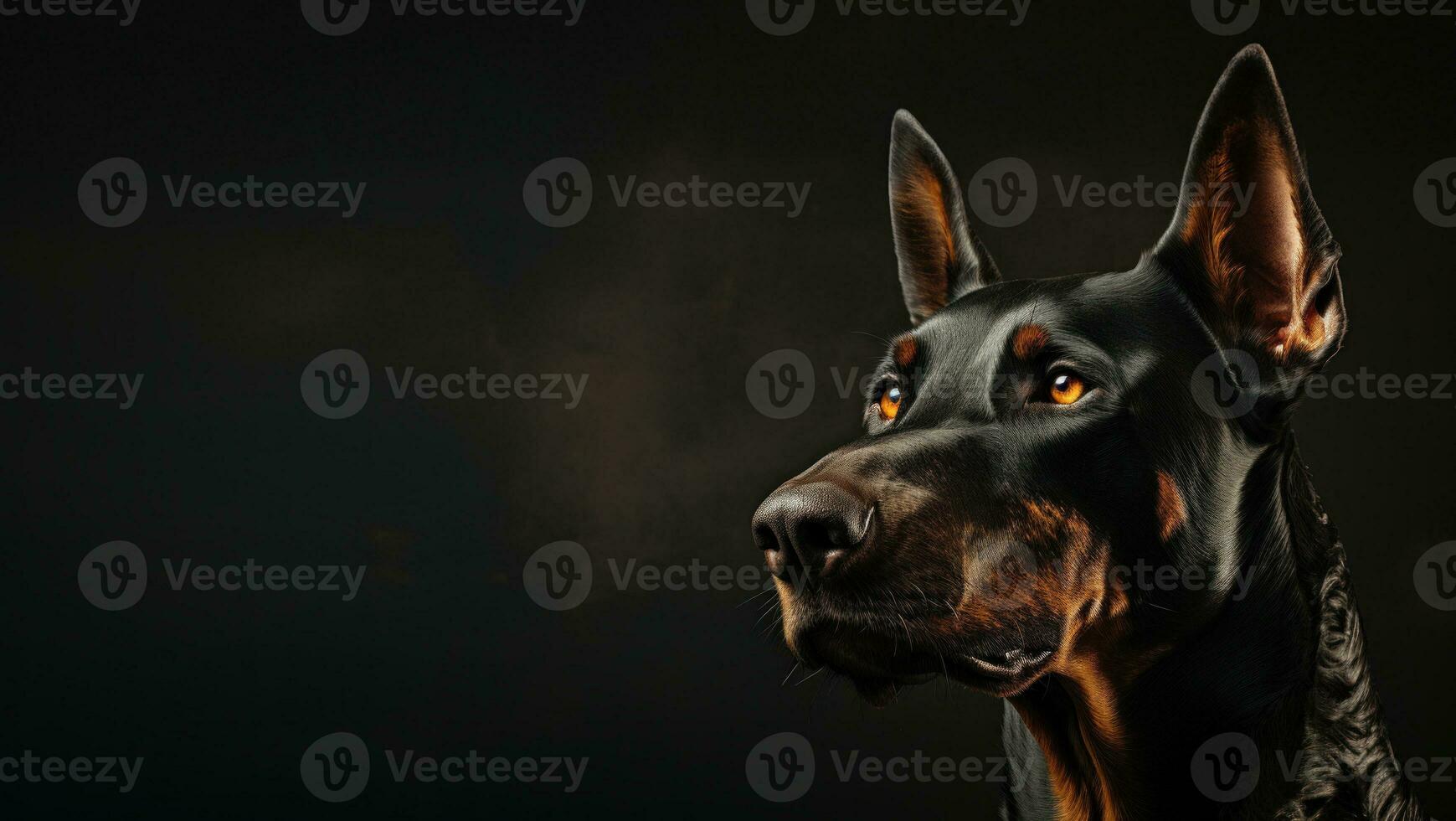 AI generated Adult beautiful Doberman pinscher on a dark background, studio portrait of a dog with copy space for concept and advertising photo