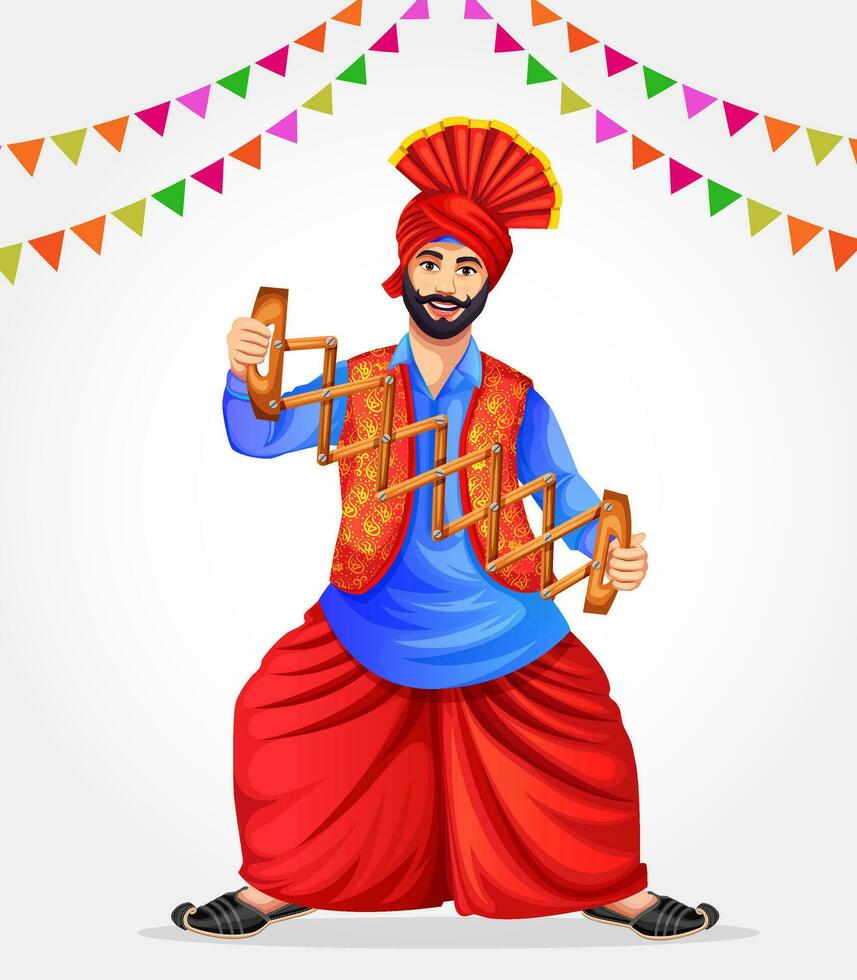 A Bhangra dancer performs folk dance with the Bhangra Scissor Saap. Wearing ethnic Punjabi clothes. Sikh Punjabi man dancing folk dance bhangra on occasion like Lohri or Baisakhi vector