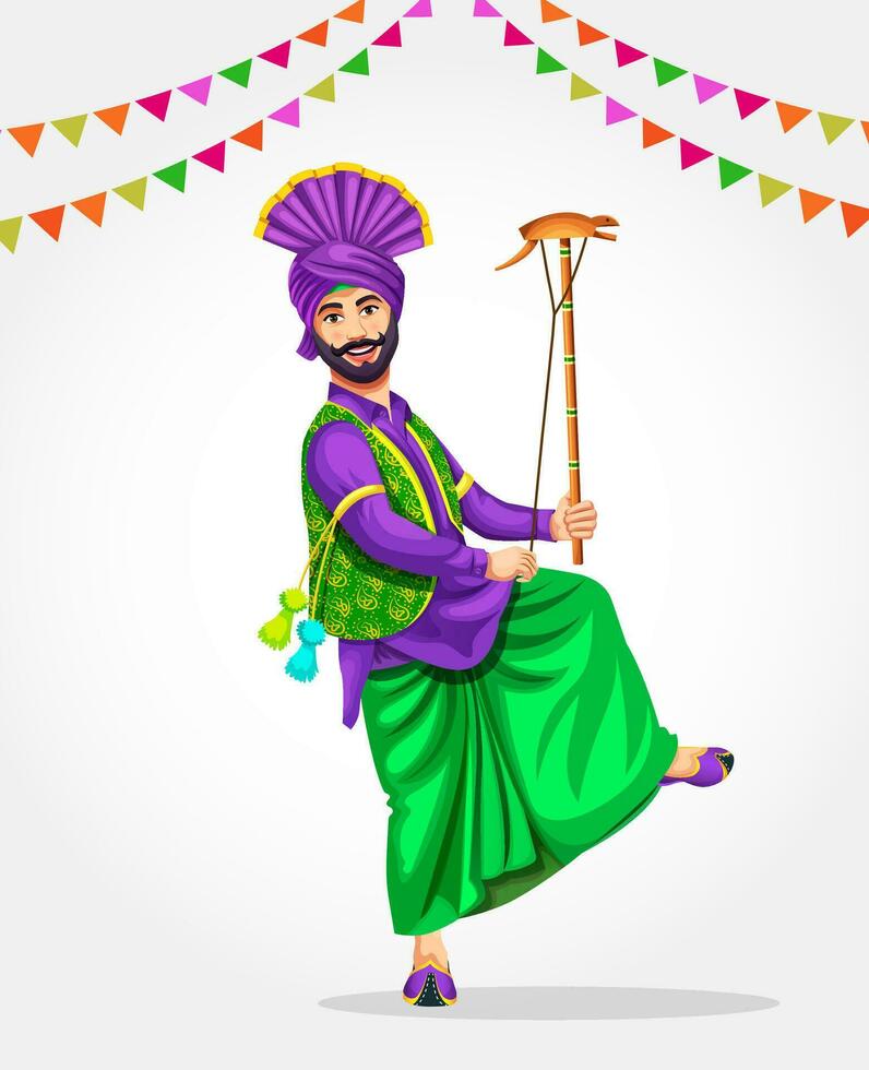 A Bhangra dancer performs folk dance. Wearing ethnic Punjabi clothes. Sikh Punjabi man dancing folk dance bhangra on occasion like Lohri or Baisakhi vector