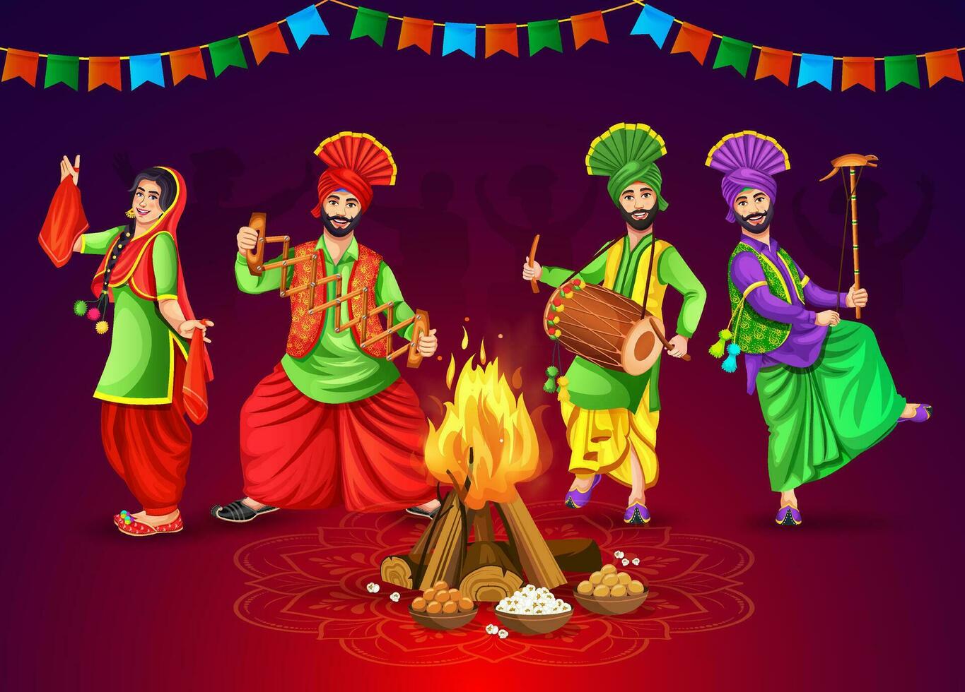 contento lohri celebracion concepto con punjabi bhangra bailarines bandera diseño modelo vector