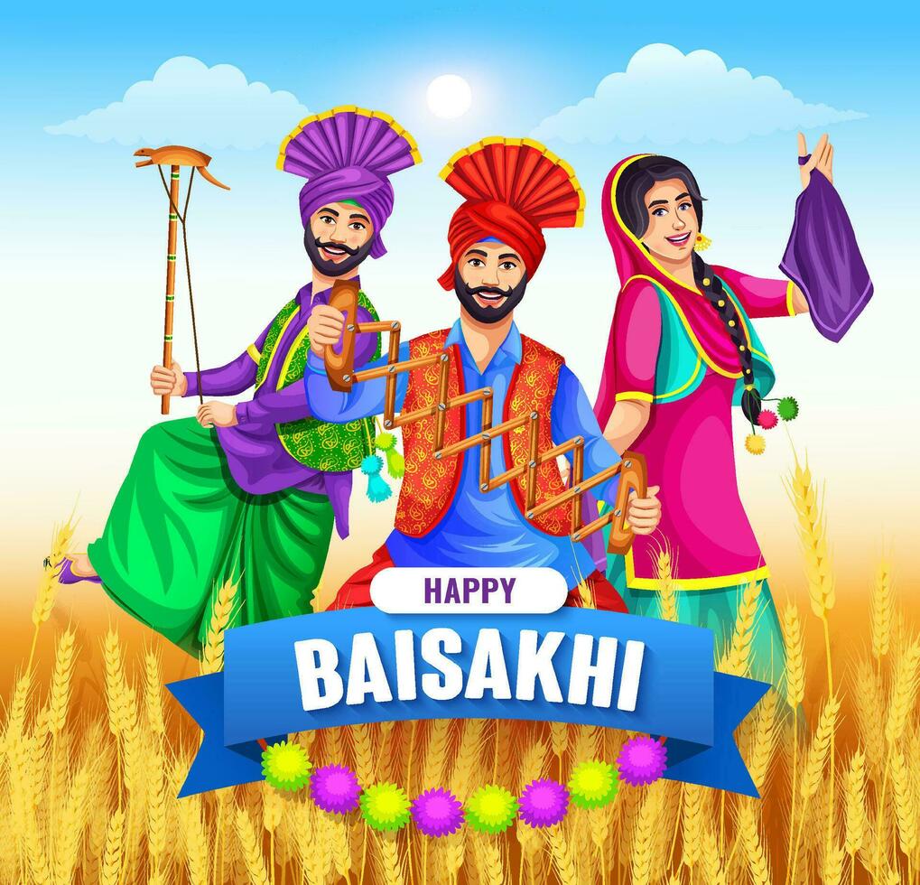 contento baisakhi celebracion, saludo tarjeta, invitación tarjeta, el bandera, festival de Punjab India. grupo de personas haciendo el bhangra danza vector