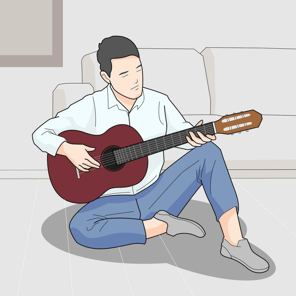 man sitting solo playing guitar melody vector