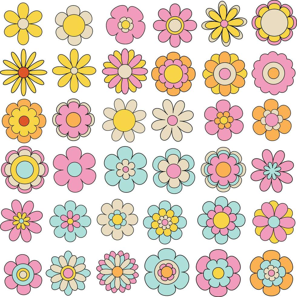 set of cute flowers retro groovy style vector illustration
