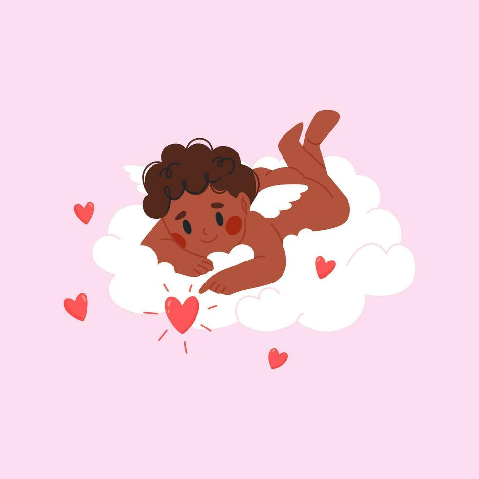 Cute cupid lies on a cloud. Vector flat illustration for Valentine s Day.