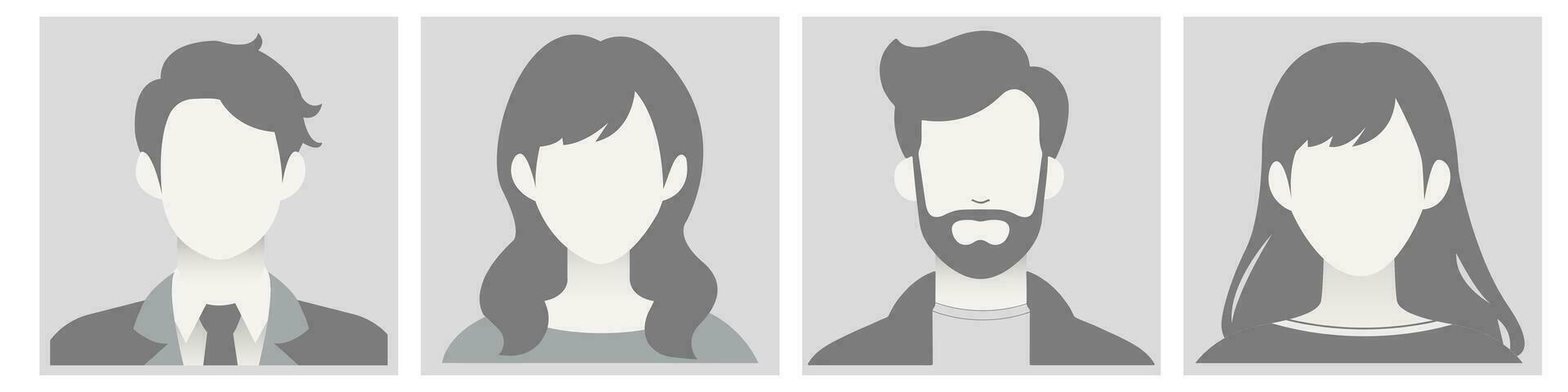 grayscale Avatar, user profile, person icon, silhouette, profile picture for unknown or anonymous individuals. The illustration portrays man and woman portrait for social media profiles, screensavers vector