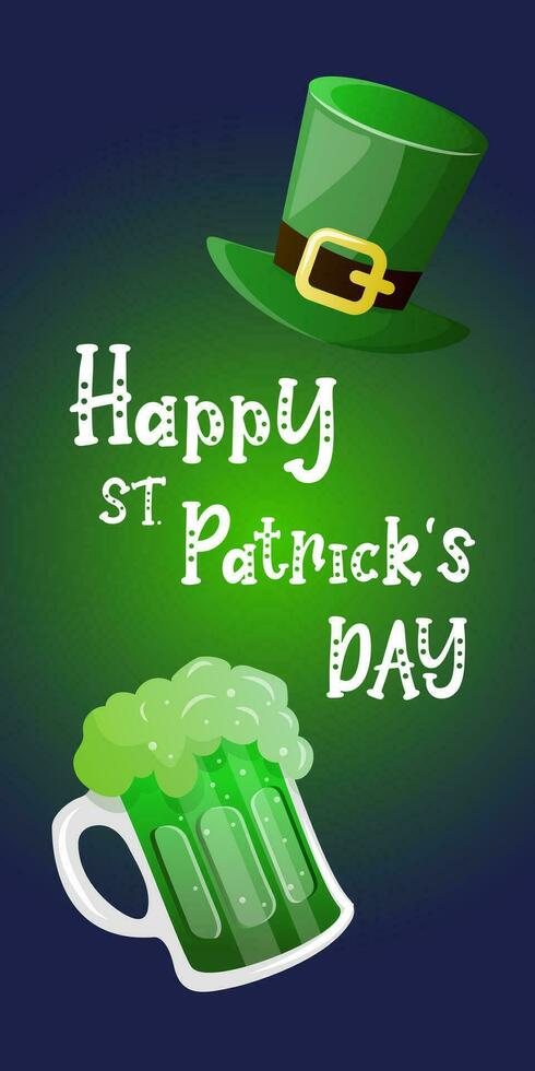 Happy St Patrick's Day Vector Illustration on 17 March with Green leprechaun hat, green Beer glass. Vector illustration in Cartoon style. Background Design for banner, greeting card, poster.