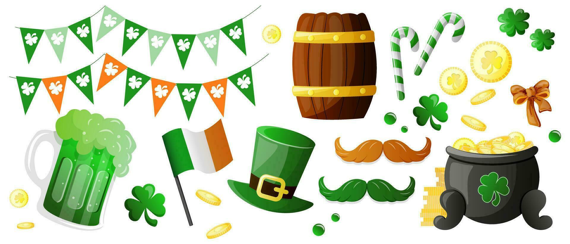 Set for St Patricks Day holiday in cartoon style. Vector Irish flag, leprechaun pot of gold, shamrock clover leaves, wooden barrel, green hat, green ale beer, and bunting garland