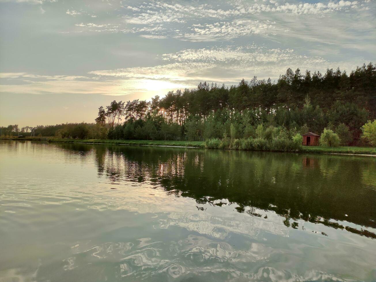 Lake and forest in sunset, picturesque wallpaper photo