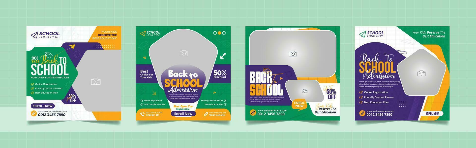 School admission social media post banner, educational square flyer back to school web banner design template. vector
