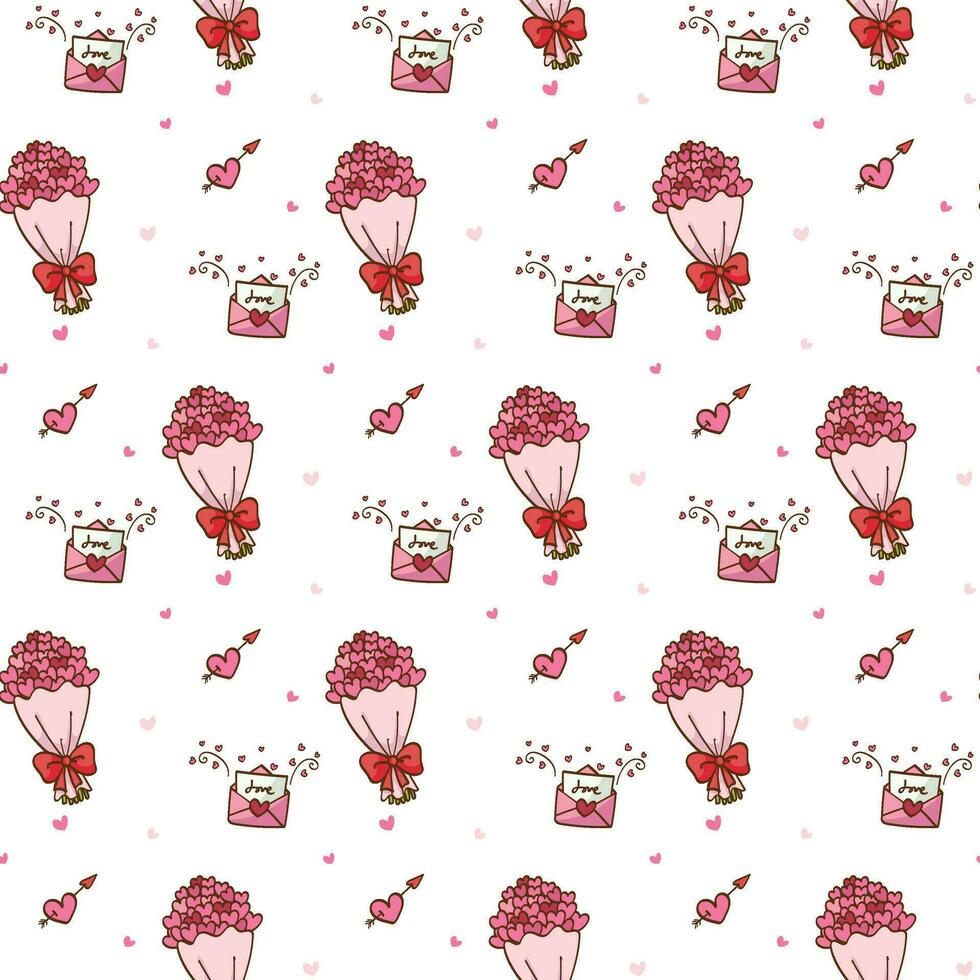 Hand drawn Valentines day pattern seamless of flowers, and hearts pink. Printable for valentine texture, cover book, wallpaper, background. vector
