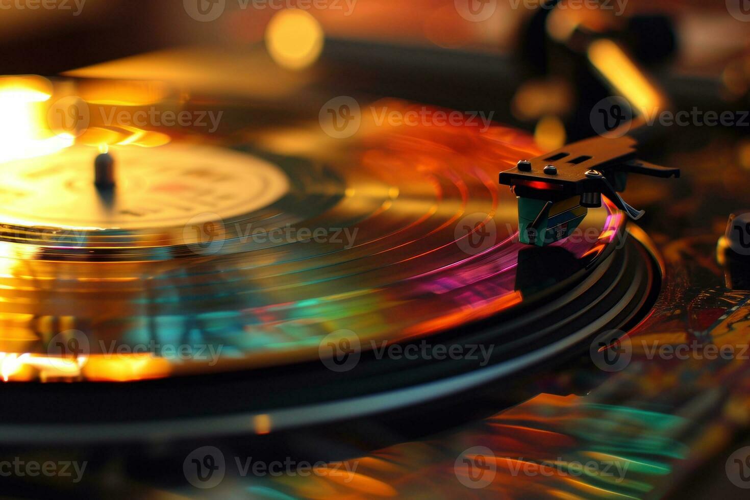 AI generated Vinyl records spin and melodious music comes out, creating a romantic atmosphere. Generative AI photo